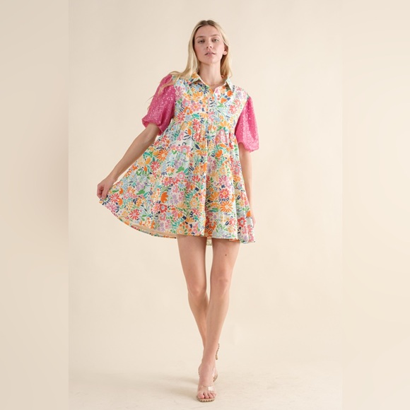 081 • Floral Button-Front Baby Doll Cotton Dress with Pink Puff Sequined Sleeves - Picture 3 of 12